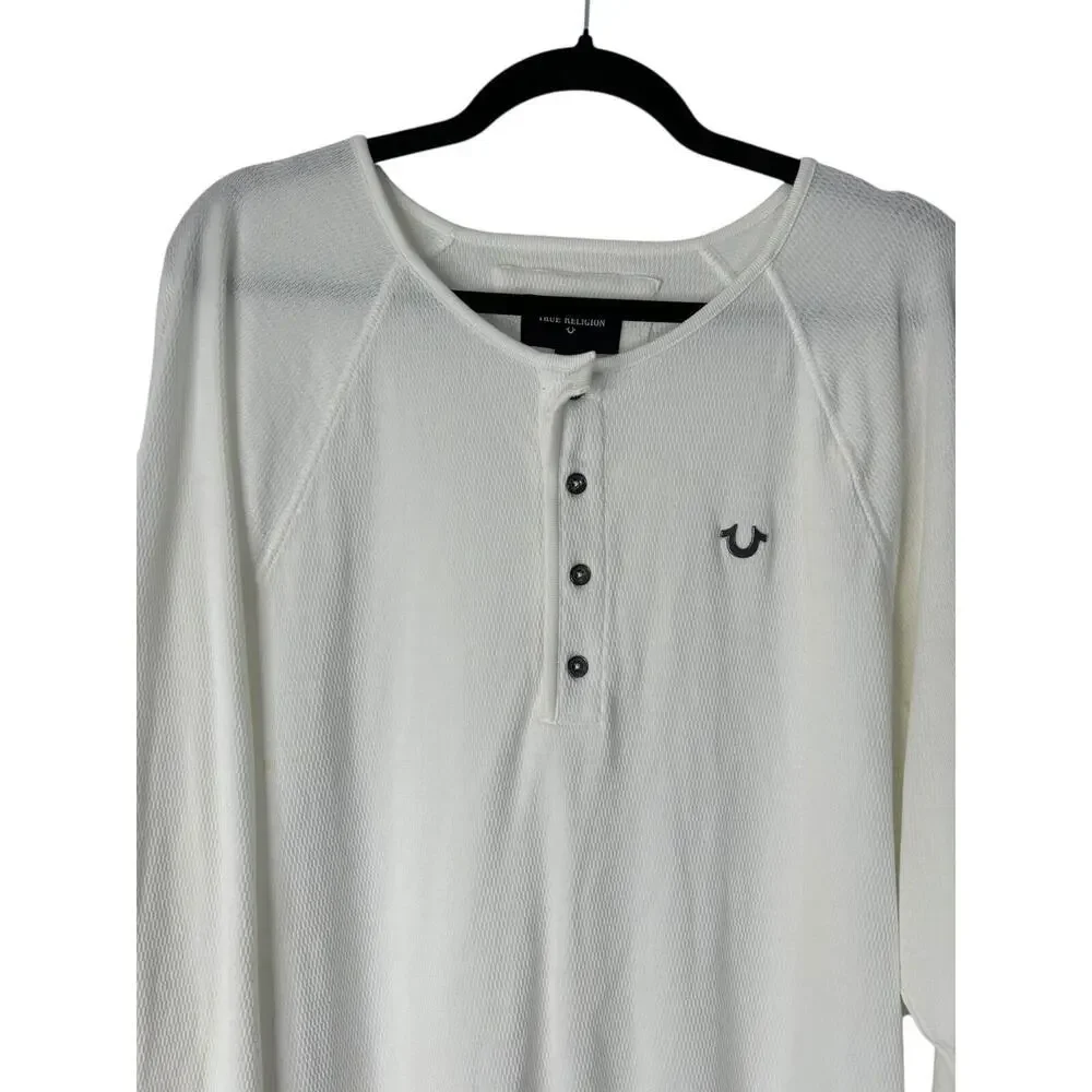 True Religion Top Mens XL White Cotton Waffle Knit Long Sleeve Henley Base Layer